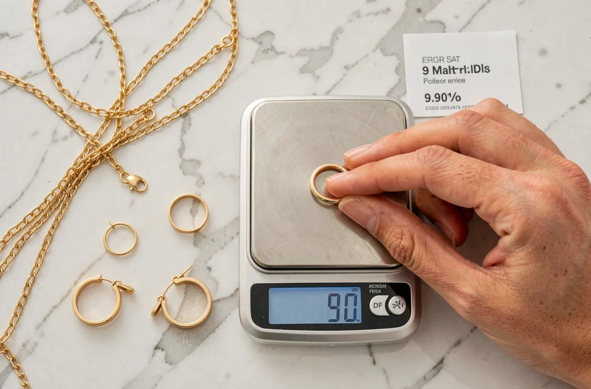 Vue en plongée de bijoux en or 9 carats disposés sur une balance de précision avec une fiche de prix de rachat
