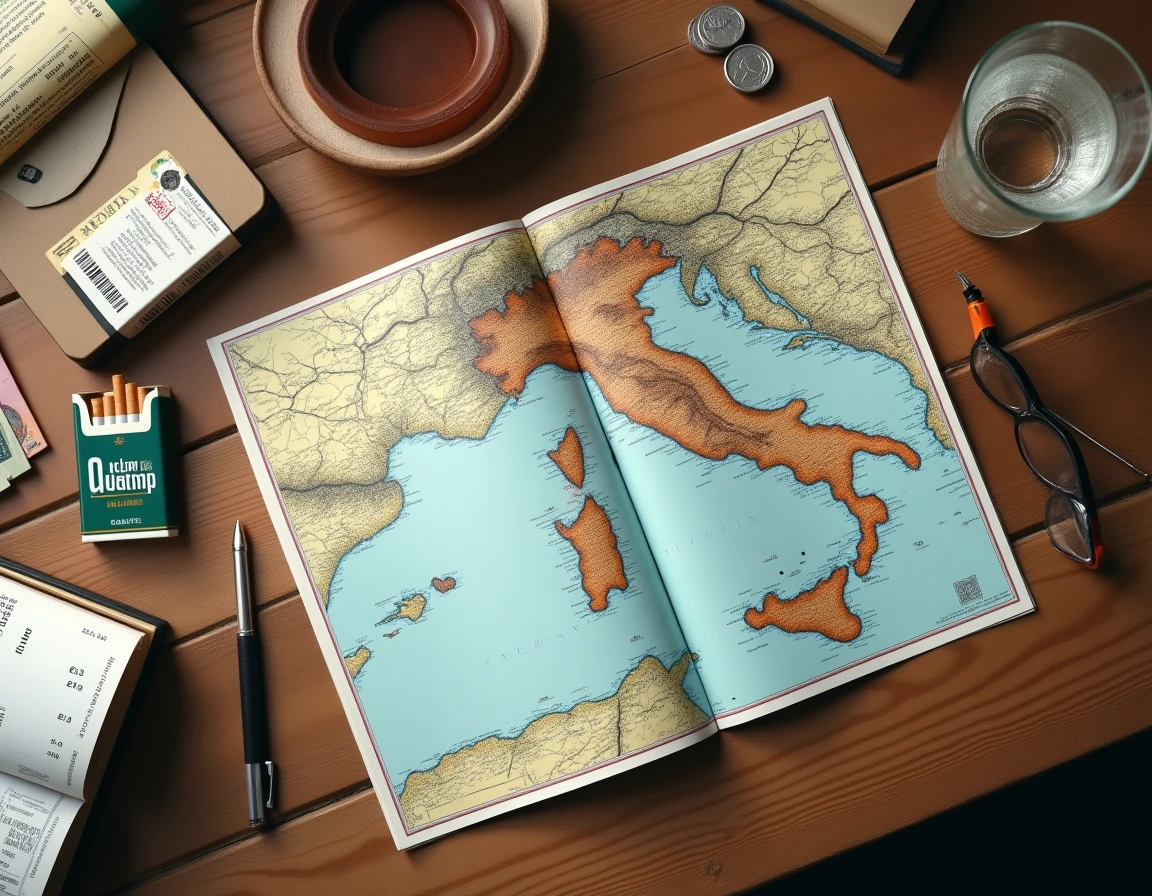 Flatlay de voyage en Italie avec carte routière, cigarettes italiennes et euros sur table en bois rustique
