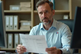 Fonctionnaire masculin analysant sa fiche de paie avec heures supplémentaires dans un bureau administratif public