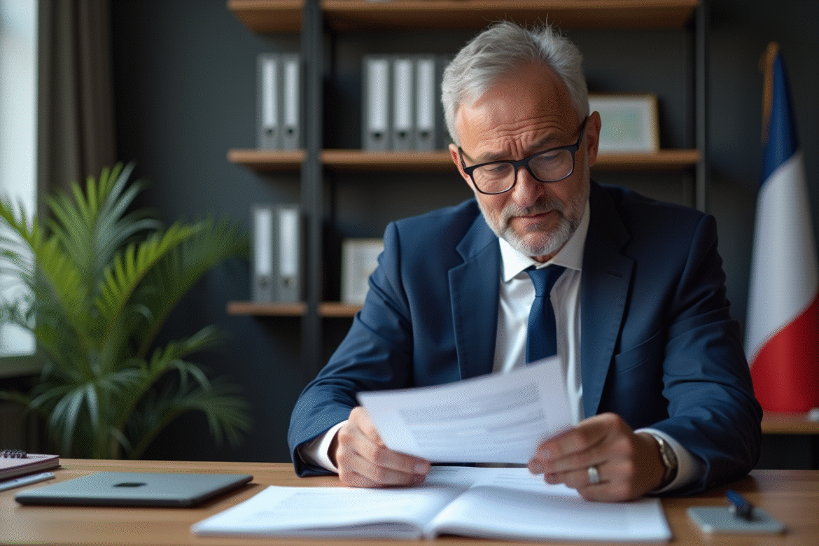 Homme fonctionnaire en costume bleu examinant des documents de pension