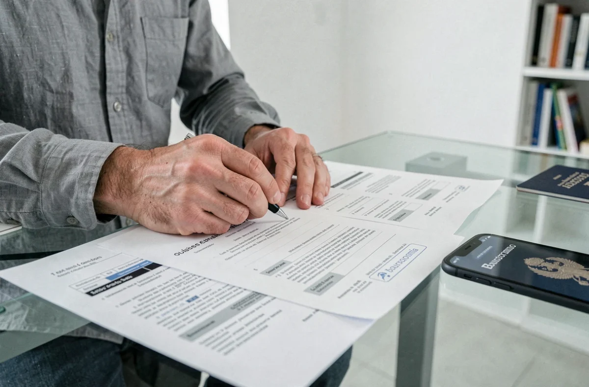 Mains remplissant un formulaire de transfert de PEA vers Boursorama avec un passeport français visible sur un bureau