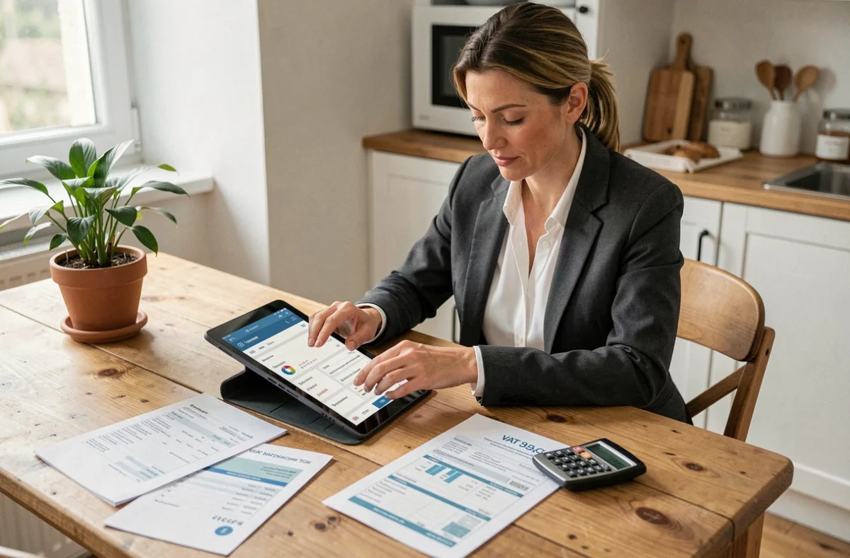 Gérante d'une société VTC consultant sa comptabilité et ses obligations de TVA sur tablette depuis son bureau à domicile