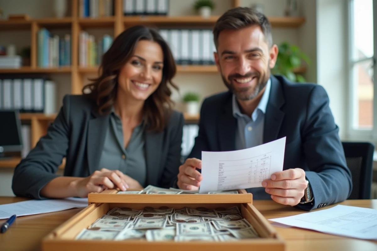 Deux membres d'une association vérifiant les encaissements avec une caisse en bois et un registre comptable