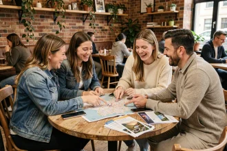 Groupe d'amis planifiant un voyage ensemble autour d'une table de café avec carte et smartphones