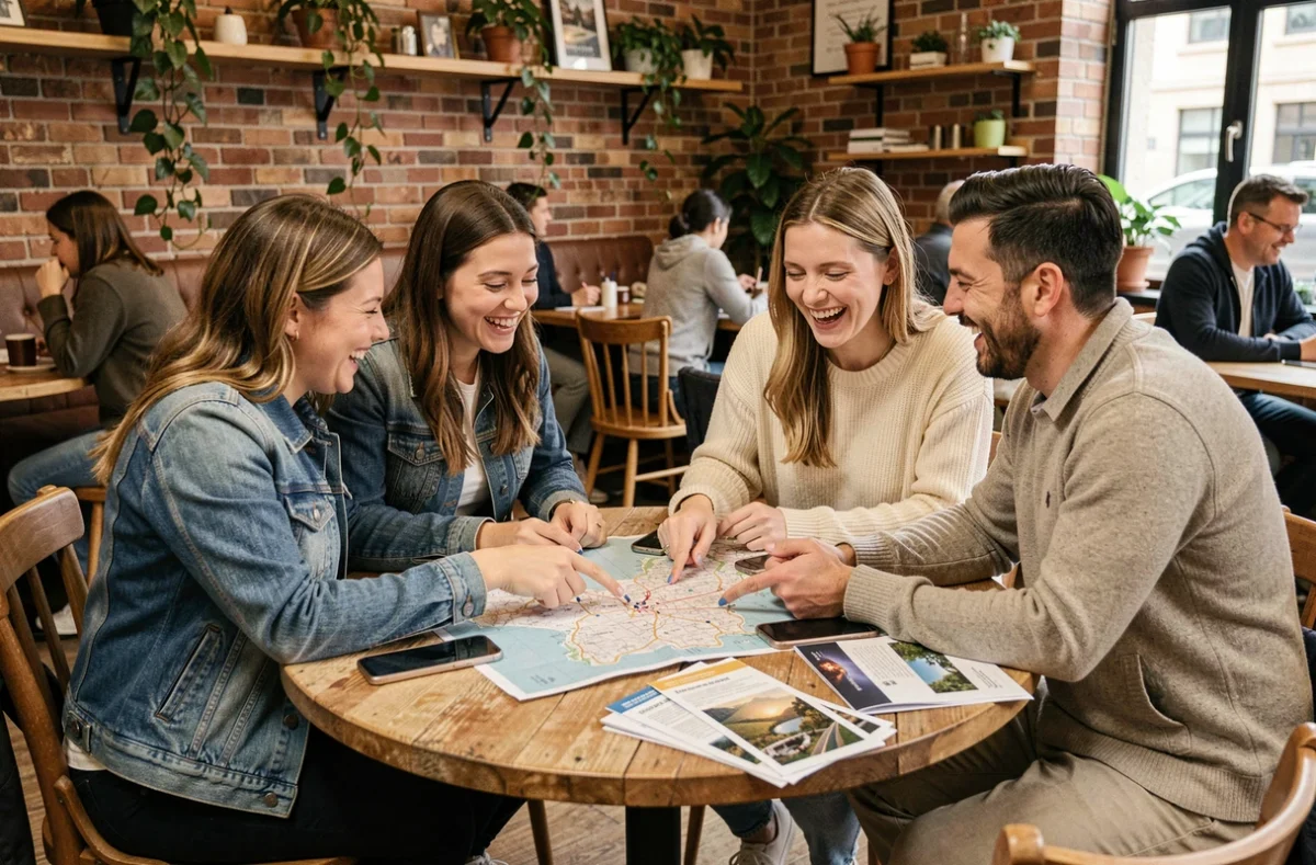 Groupe d'amis planifiant un voyage ensemble autour d'une table de café avec carte et smartphones
