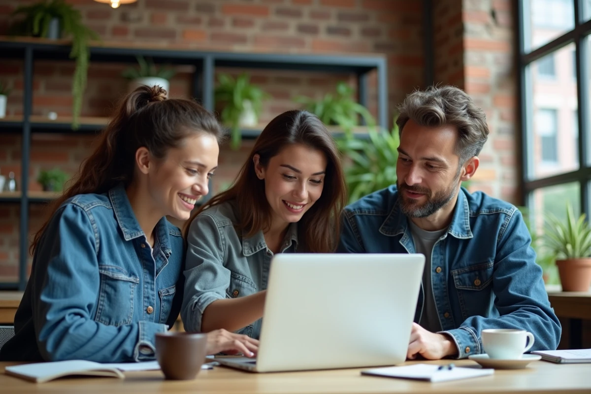 Groupe de collègues discutant des frais d'une cagnotte en ligne sur un ordinateur portable dans un espace coworking