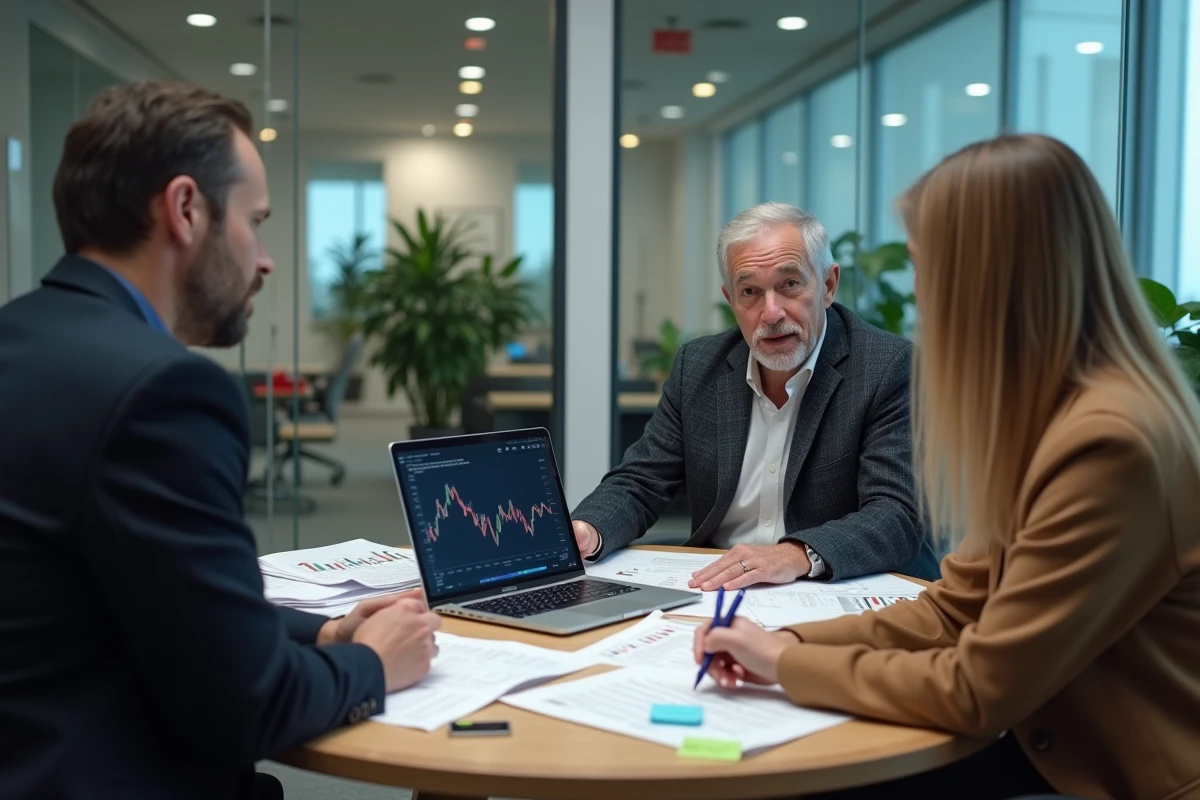 Groupe d'investisseurs discutant des opportunités du dinar algérien autour d'une table de réunion avec des rapports financiers