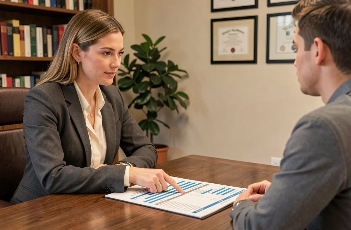 Conseillère de Hagnere Investissement présentant un rapport de portefeuille immobilier à un couple dans un bureau professionnel