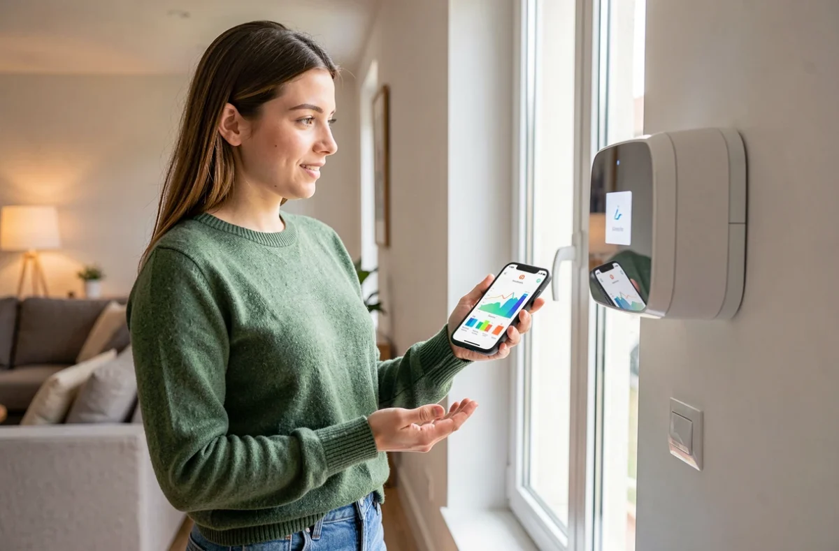 Conseillère HelloWatt présentant une application d'optimisation énergétique sur smartphone dans un appartement moderne