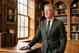 Homme d'affaires distingué dans une bibliothèque familiale ancestrale illustrant l'héritage et la fortune familiale