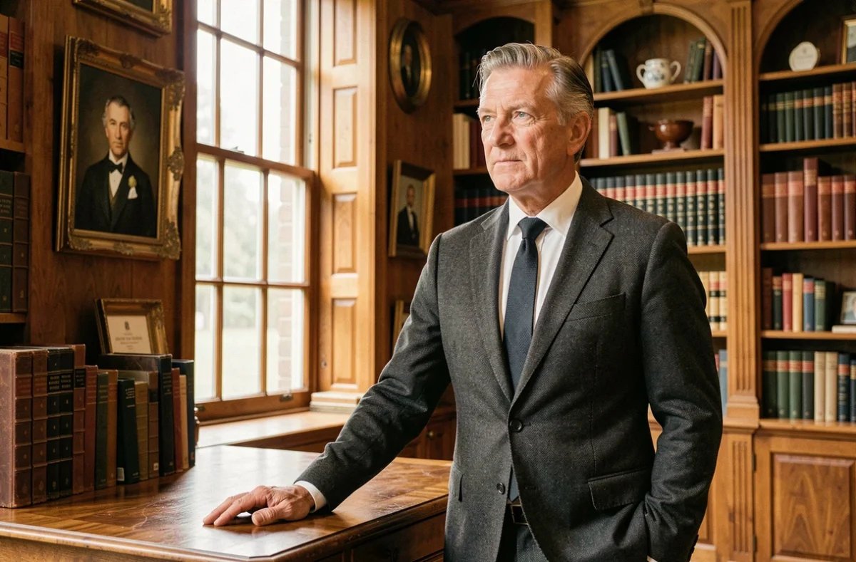 Homme d'affaires distingué dans une bibliothèque familiale ancestrale illustrant l'héritage et la fortune familiale