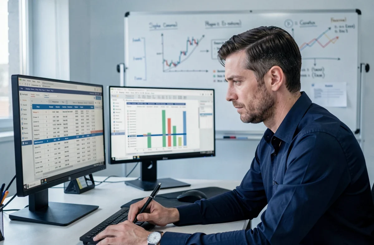 Expert Hestia Finances Invest Nice analysant des montages financiers complexes sur plusieurs écrans dans un bureau technique