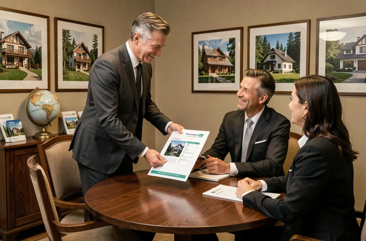 Le courtier de Homeselect Courtage présente un plan de financement immobilier à un couple dans un bureau élégant