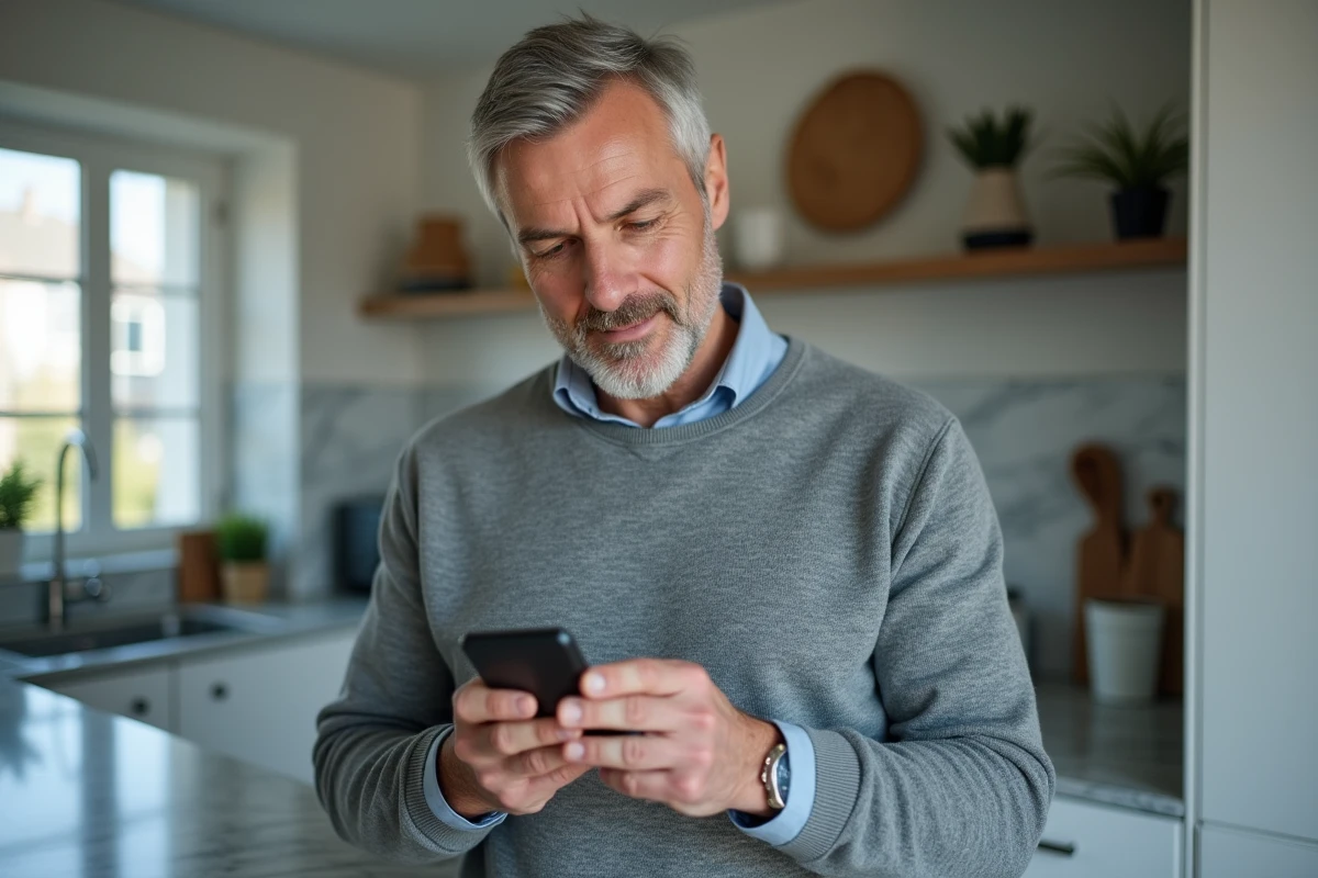 Homme consultant son compte La Banque Postale sur smartphone depuis sa cuisine