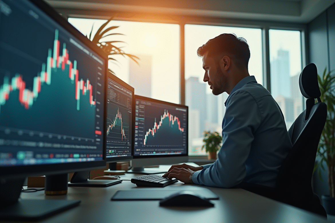 Homme d'affaires inquiet regardant la baisse des marchés boursiers
