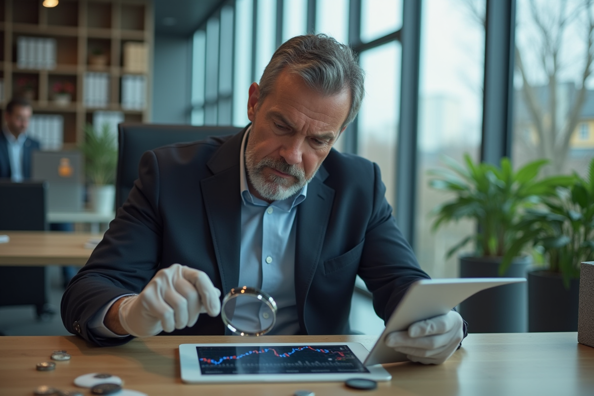 Homme d'affaires analysant des pièces d'argent dans un bureau moderne