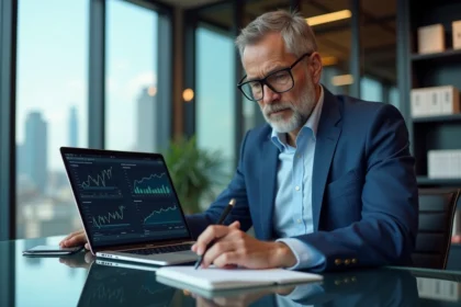 Homme d'affaires en costume bleu travaillant sur un ordinateur