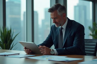 Homme d'affaires en costume regardant des graphiques financiers