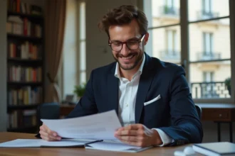Homme d affaires parisien en costume bleu souriant