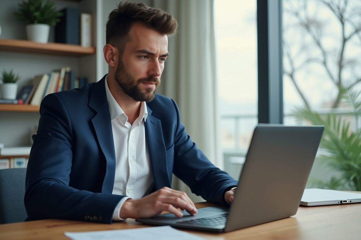 Homme en costume analysant des graphiques boursiers dans un bureau moderne