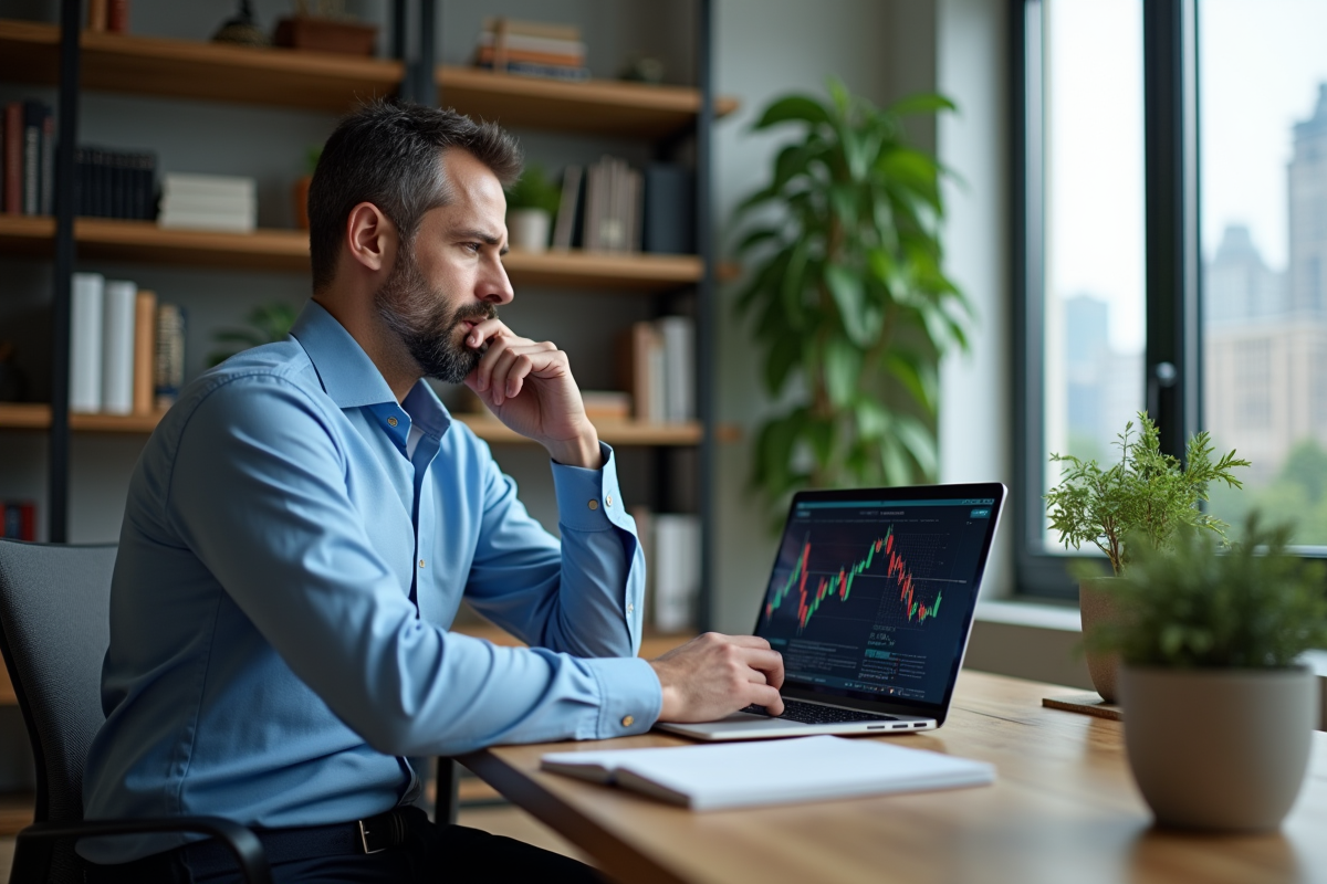 Homme d'âge moyen analysant des graphiques financiers dans un bureau moderne