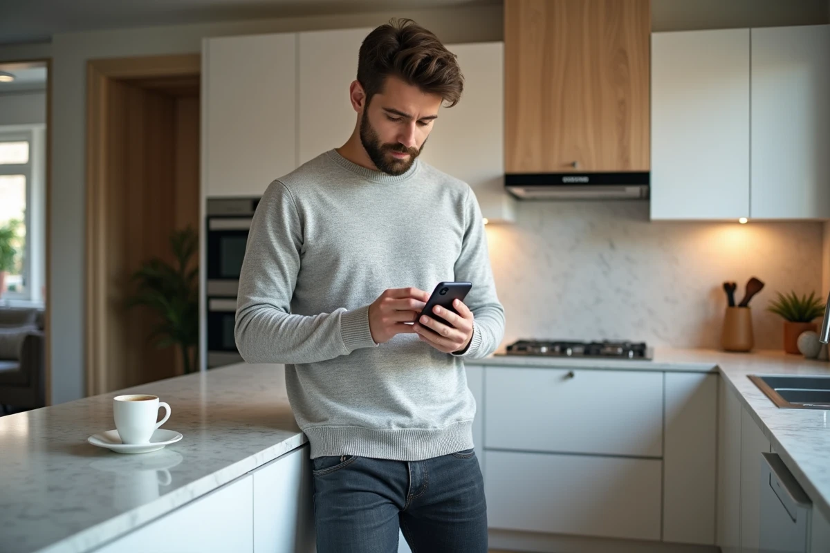 Homme consultant son application bancaire sur smartphone depuis la cuisine de son appartement moderne