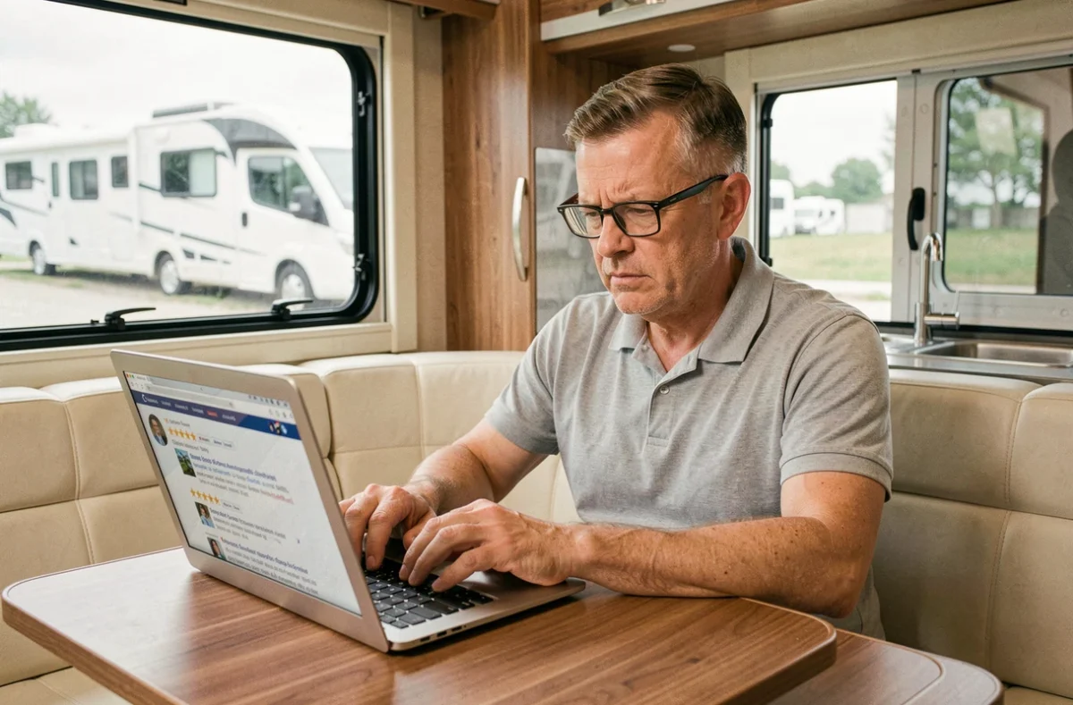 Homme consultant les avis en ligne sur l'assurance camping-car FFCC depuis l'intérieur de son véhicule
