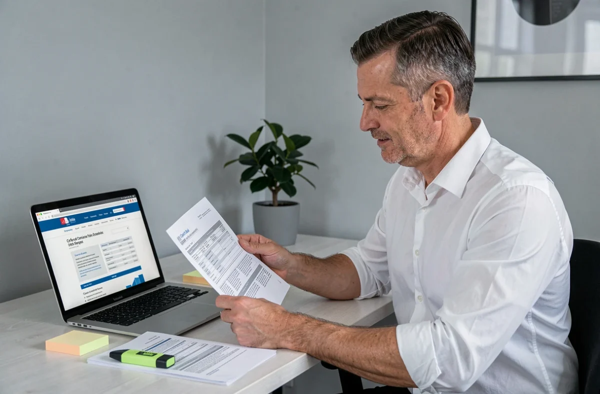 Homme consultant le Cerfa 3916 bis sur papier et ordinateur portable dans un bureau à domicile