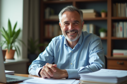Homme d'âge moyen au bureau à domicile avec documents et ordinateur