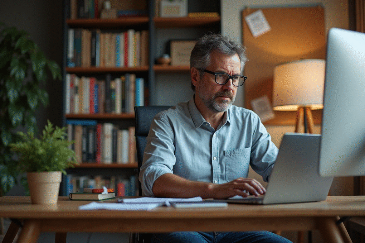 Homme d'âge moyen travaillant sur son ordinateur dans un bureau moderne