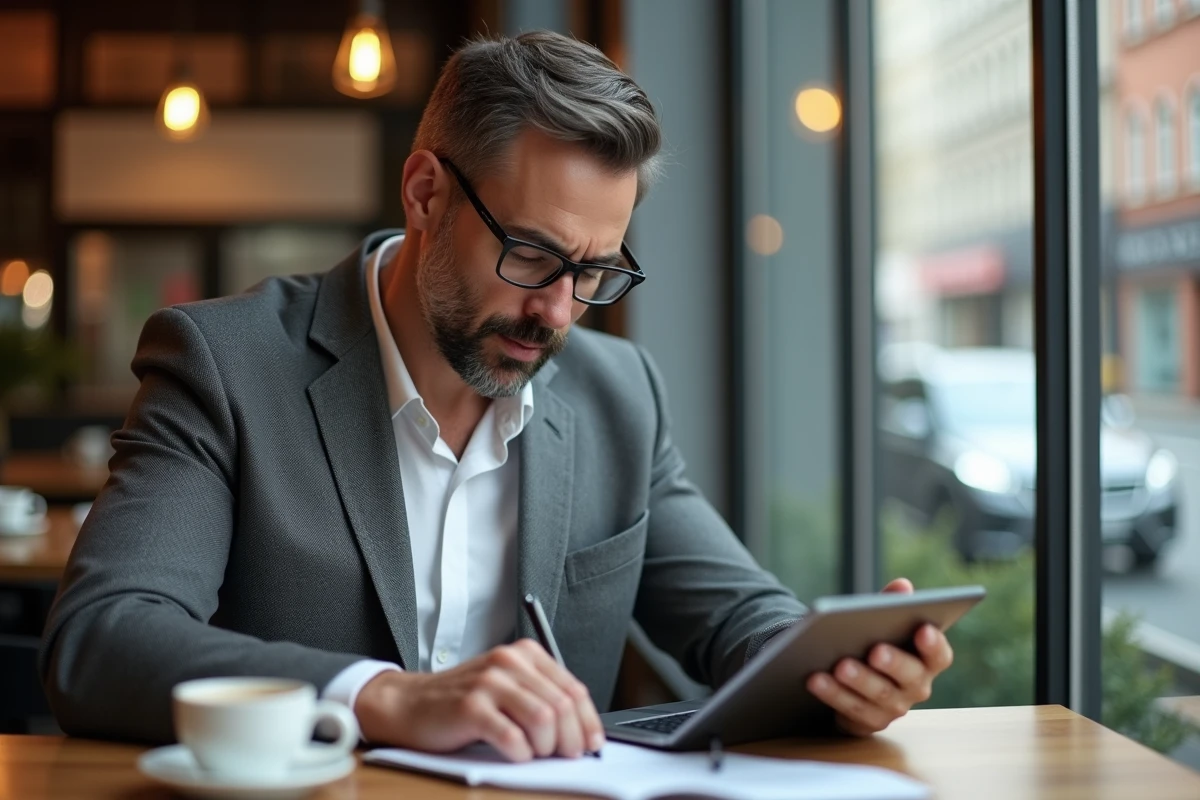 Homme en costume utilisant une tablette dans un café