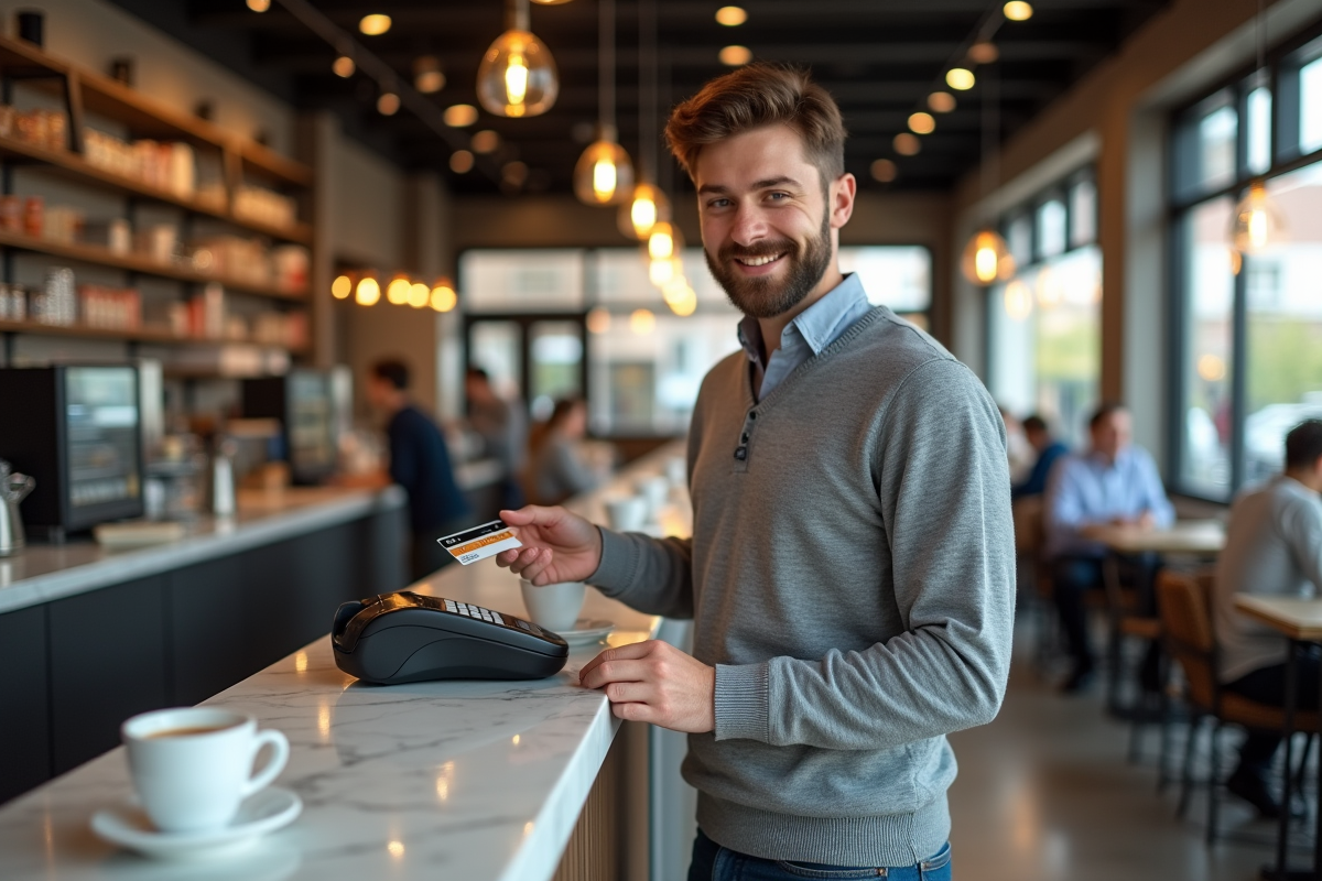 Homme payant avec sa carte dans un café animé