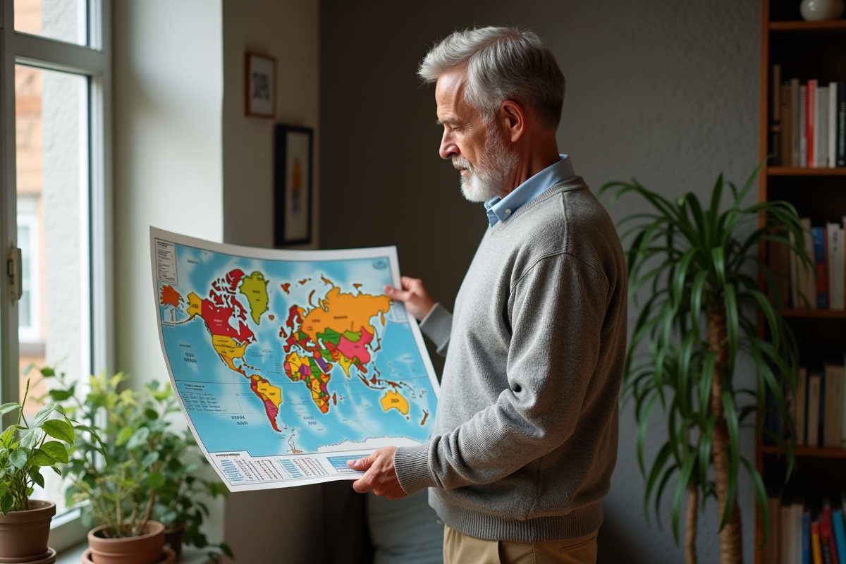 Homme regarde une carte du monde avec taux d