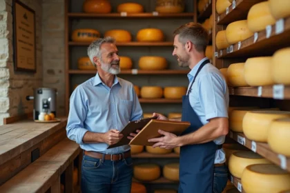 Homme d'âge moyen dans une boutique de fromage rustique