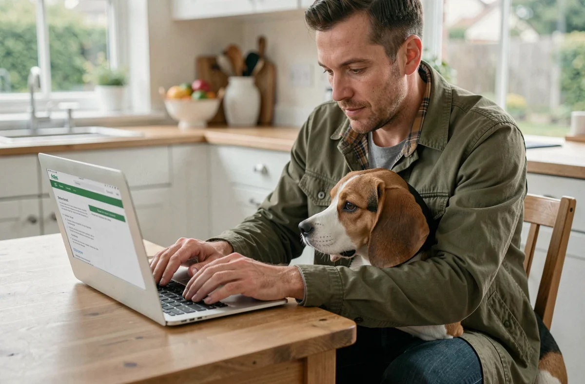Homme comparant des offres d'assurance chien sur un ordinateur portable avec son beagle à ses côtés dans une cuisine