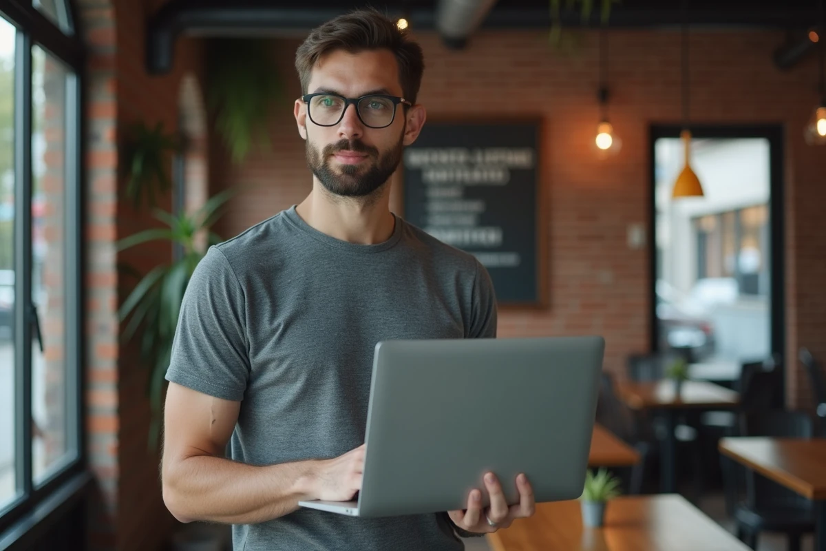 Homme consultant les paramètres de confidentialité sur un ordinateur portable dans un café urbain