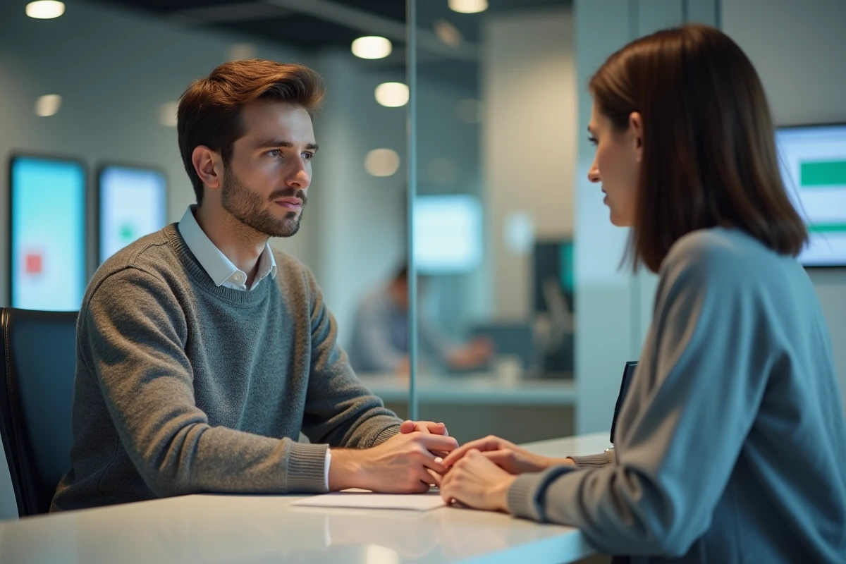 Jeune homme expliquant sa situation à une conseillère bancaire