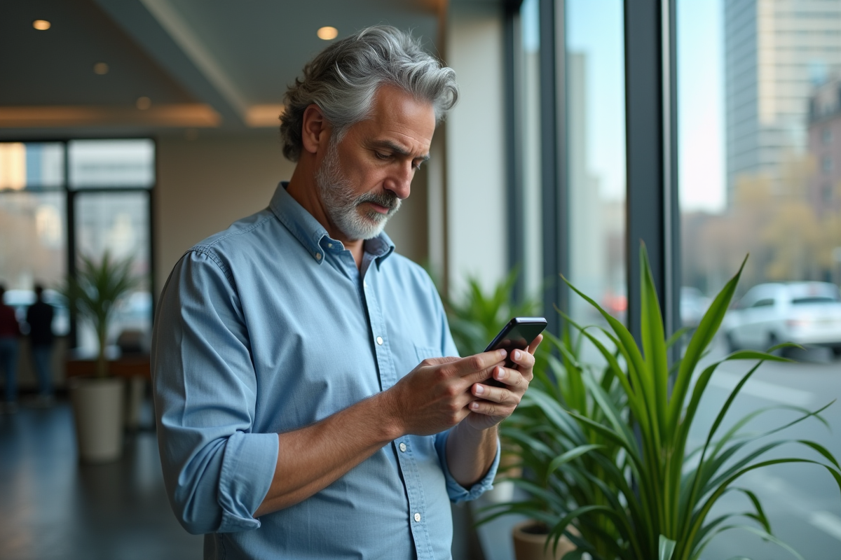 Homme regardant un graphique de taux immobilier près d une fenêtre