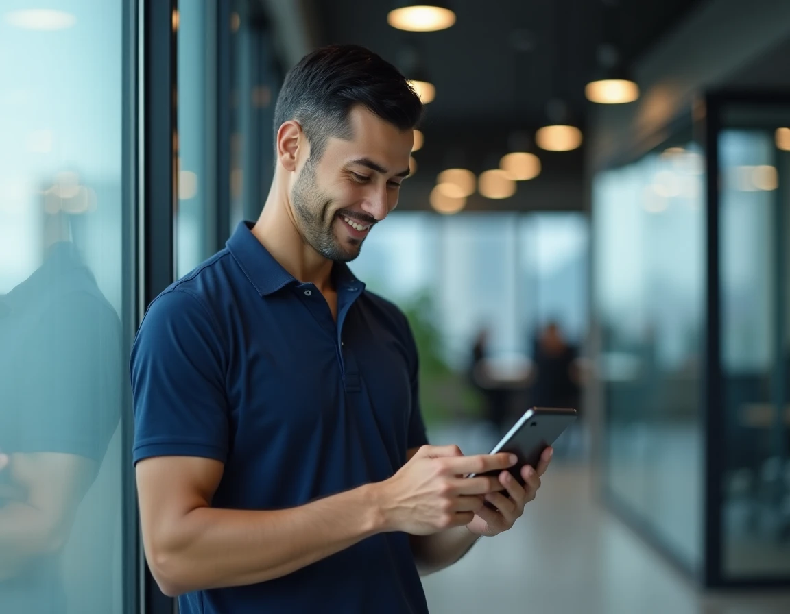 Homme consultant son espace client Progéliance sur smartphone dans un bureau moderne