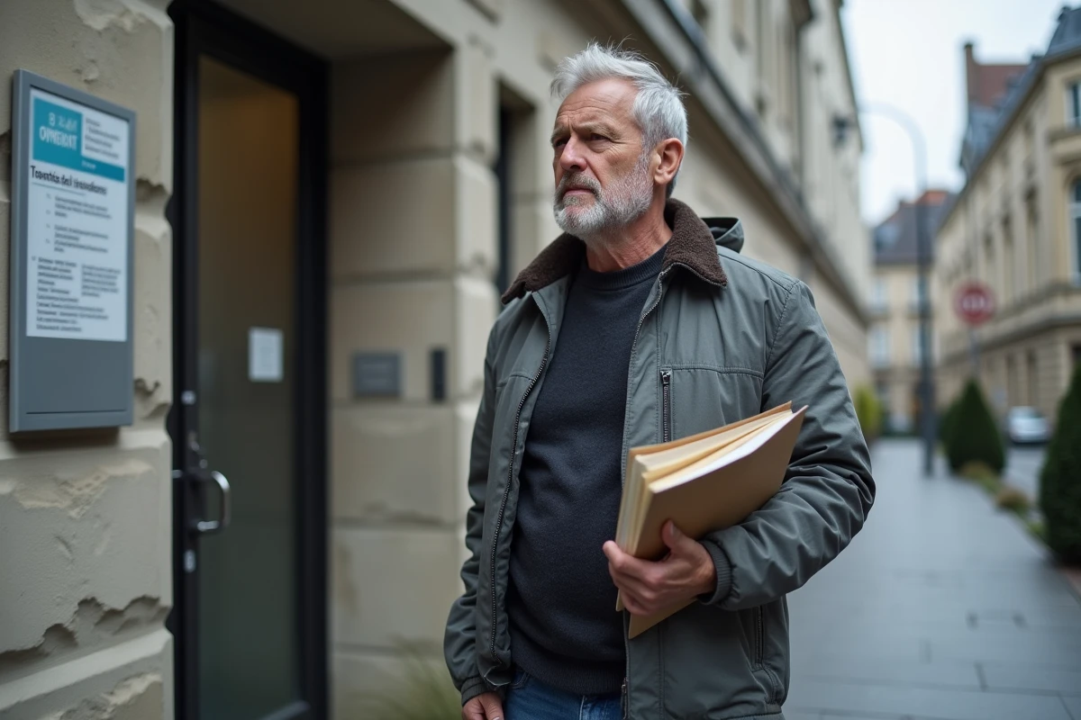 Un homme tenant un dossier devant une caisse de sécurité sociale pour une démarche liée à sa rente accident du travail
