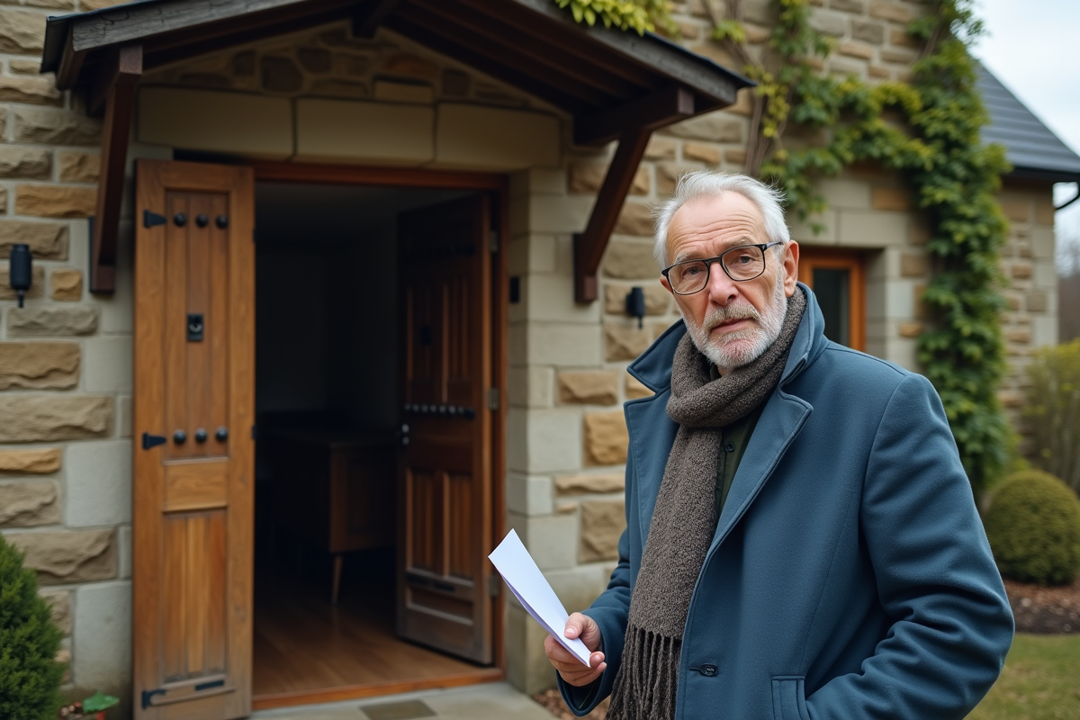 Homme avec lettre devant sa maison de campagne en pierre