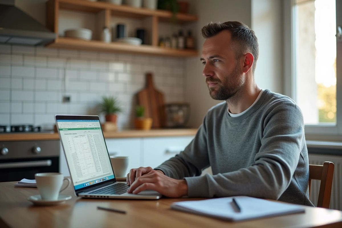 Un homme utilise un calculateur de salaire en ligne sur son ordinateur portable depuis son domicile pour convertir 2300 euros brut en net en 2026