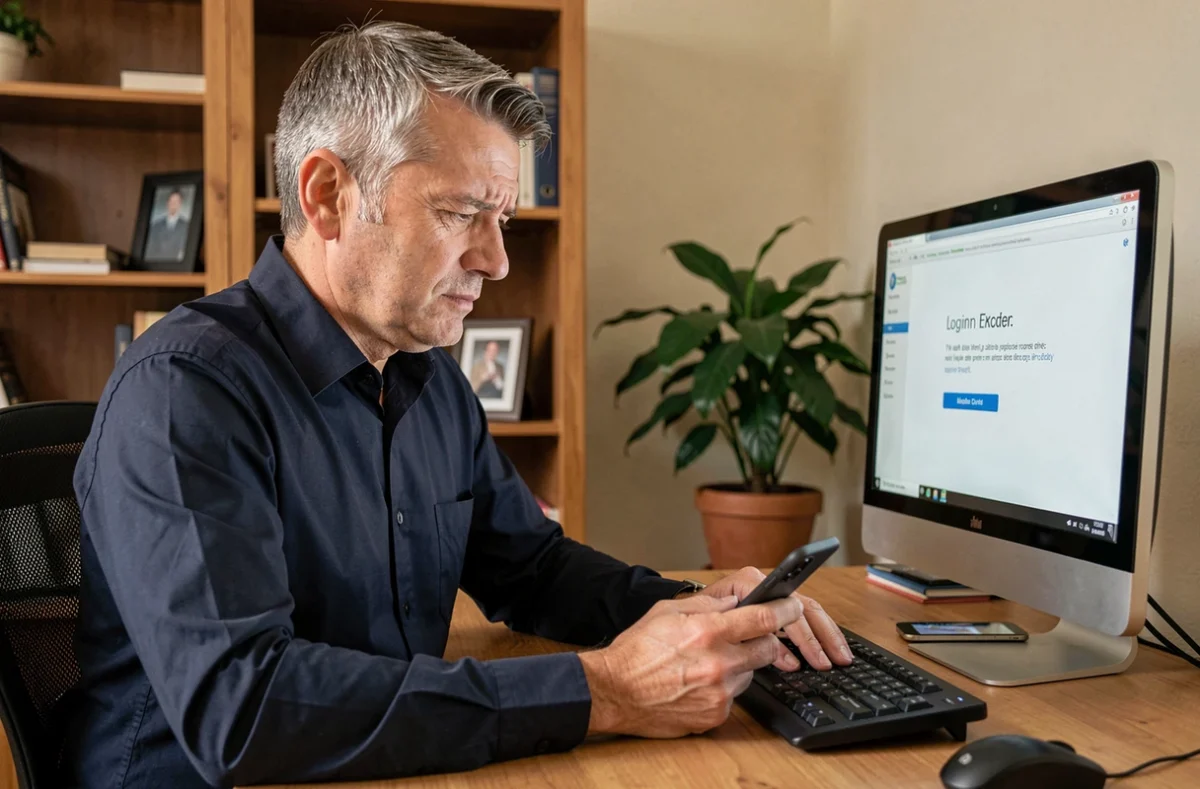 Homme au bureau à domicile confronté à une erreur de connexion sur son compte en ligne