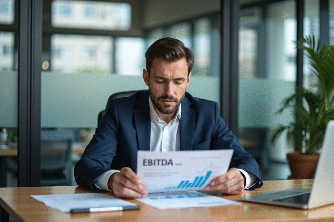 Homme d affaires étudiant un rapport EBITDA dans un bureau moderne