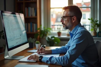 Homme d'affaires étudiant des graphiques financiers à Paris