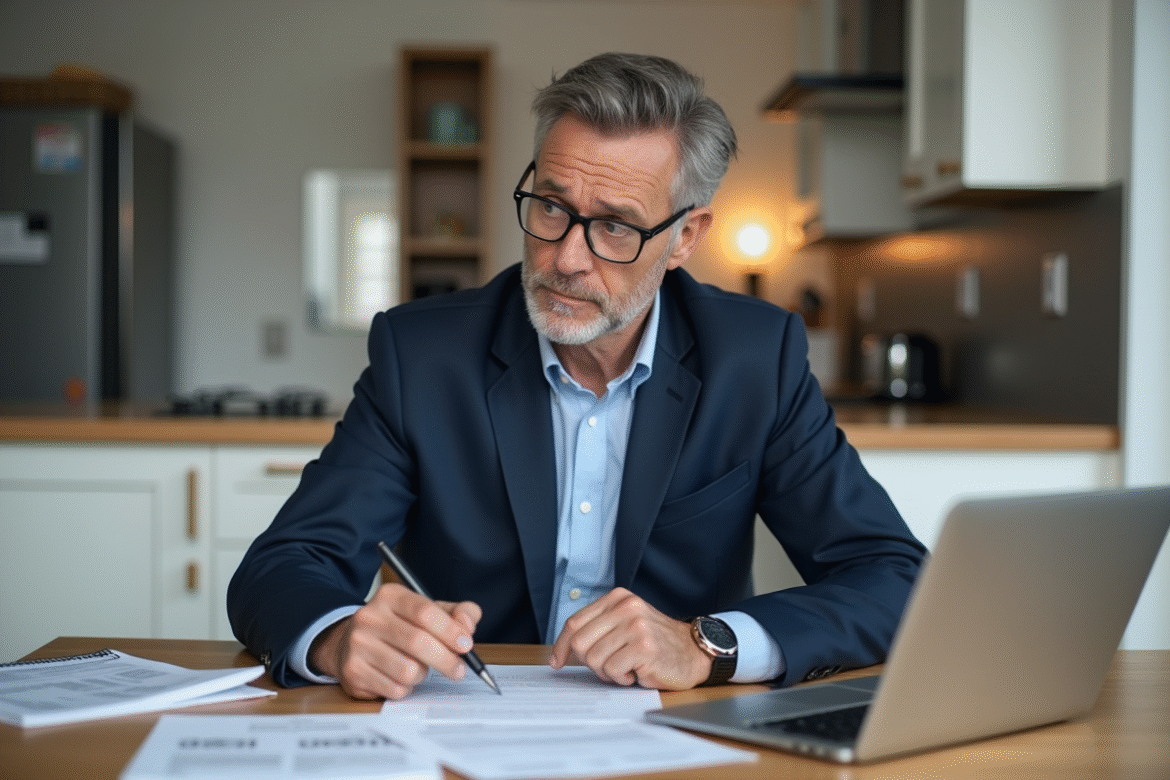 Homme d'affaires en costume bleu examine des documents financiers