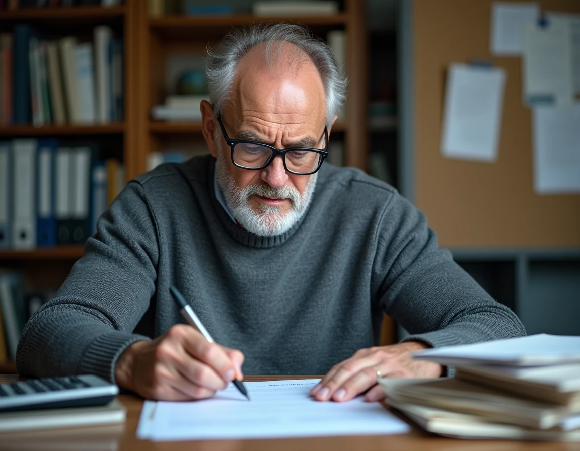 Homme d'une cinquantaine d'années remplissant un formulaire d'aide sociale à son bureau à domicile avec calculatrice et enveloppes administratives
