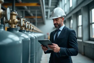 Homme professionnel examine cylindres d'hydrogene en usine