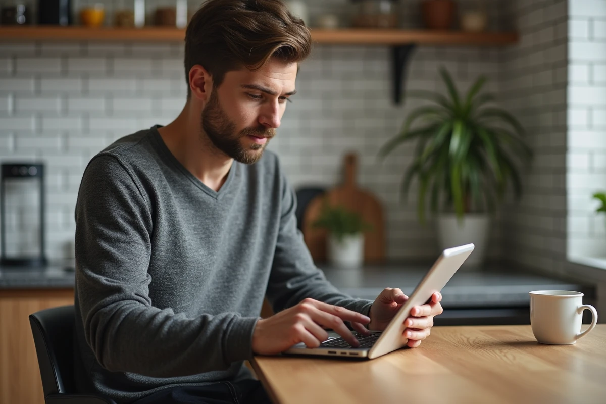 Homme consultant une néo-assurance sur smartphone et tablette depuis son domicile