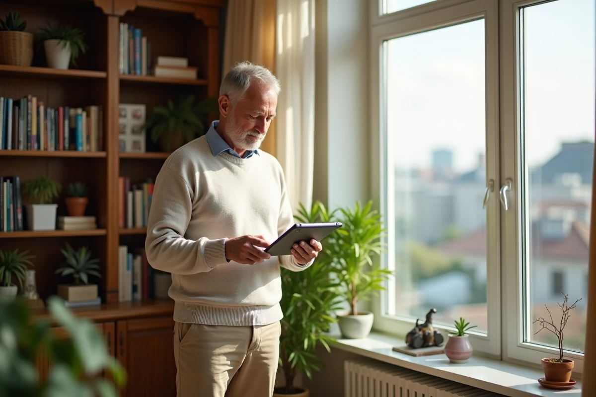 Homme regarde un calendrier numérique dans un salon lumineux